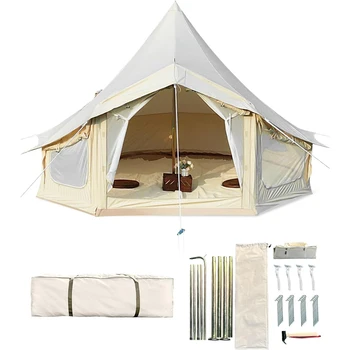 Portable Canvas Yurt Tent with Stove Jack,Large Family Camping Tent with Mesh Zippers Windows,Breathable Waterproof Bell Tent 1
