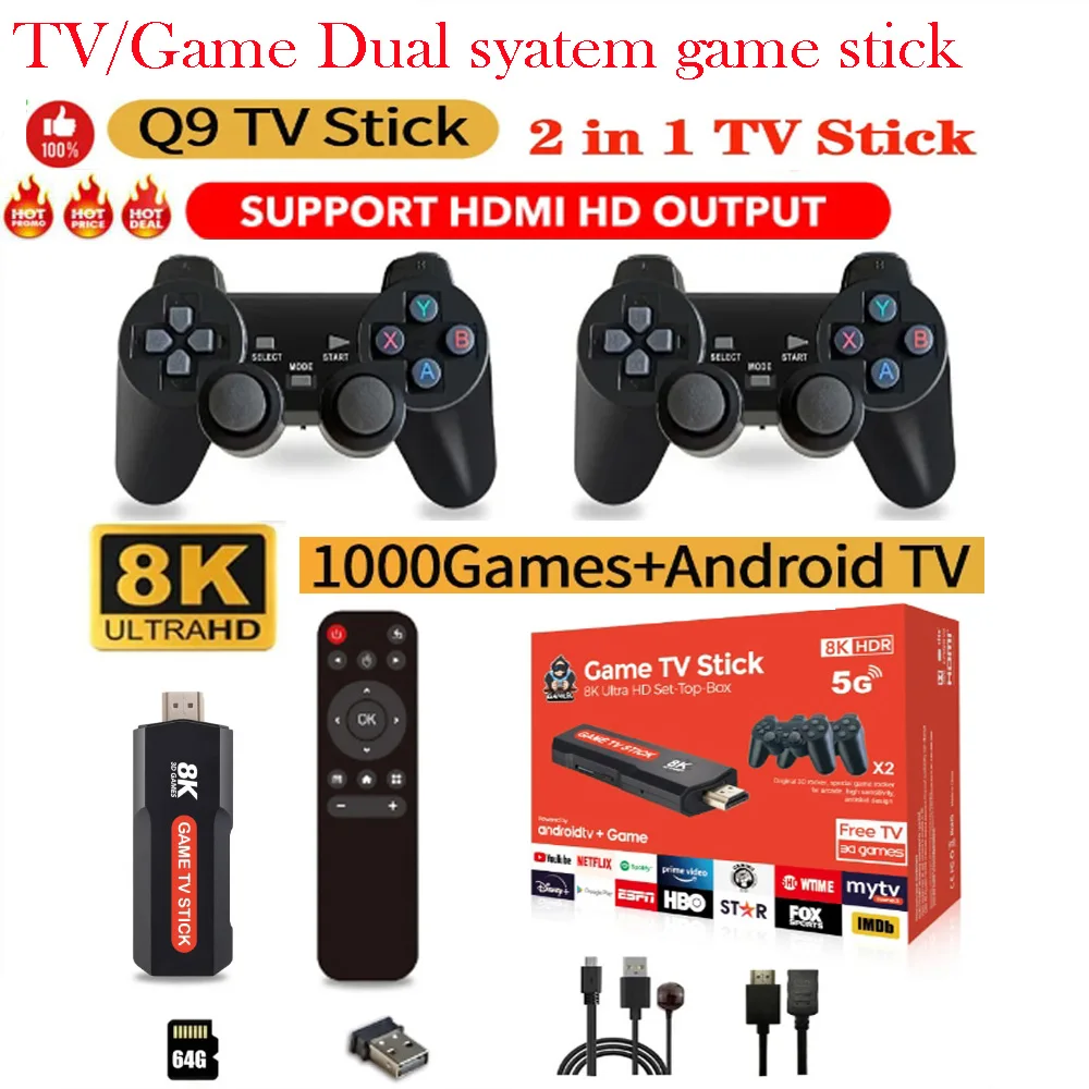 [Genuine] Q9 USB 2.0 Dual System Game Stick Retro Video Games Console with Wireless Controller 64G 8K 5G TV Sticks 10000+ Games