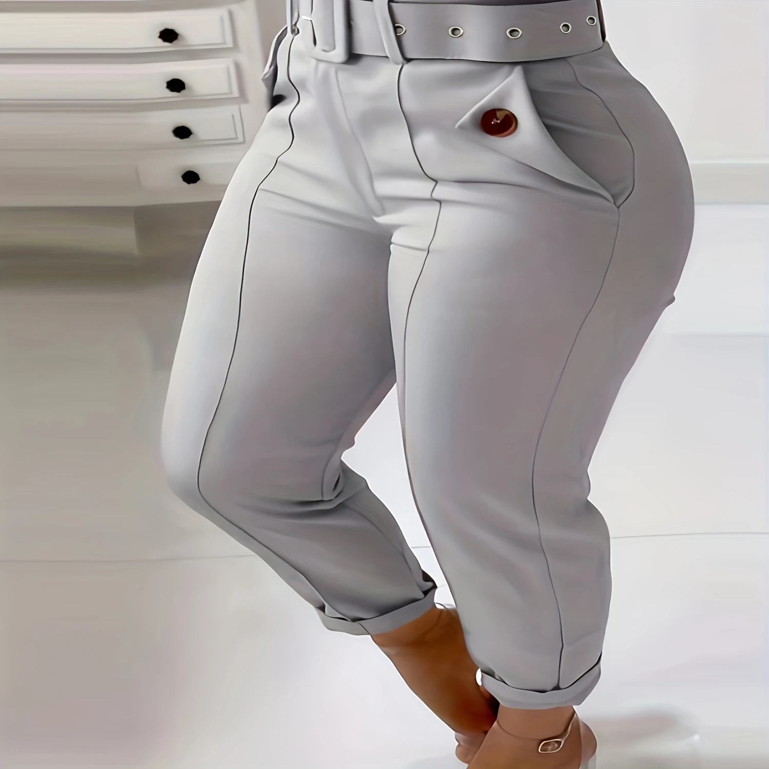 Chic Womens Belted Skinny Leggings-Comfort Fit with Sleek Slant Pockets, Versatile Casual Wear