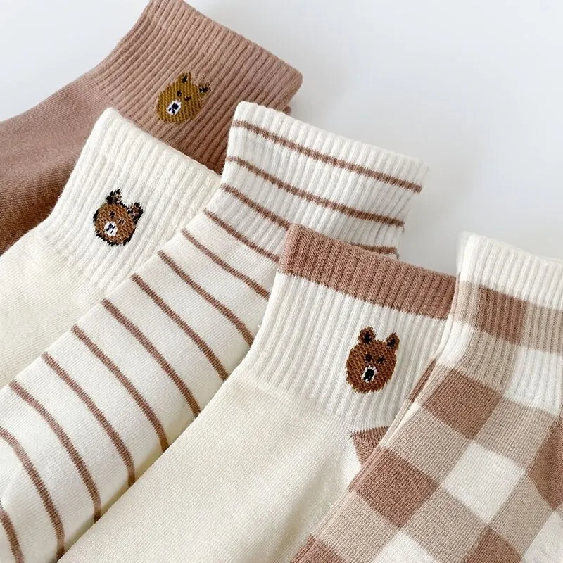 5 Pairs Teddy Bear Ankle Socks Comfy Cute Crew Short Women's Stocking & Hosiery