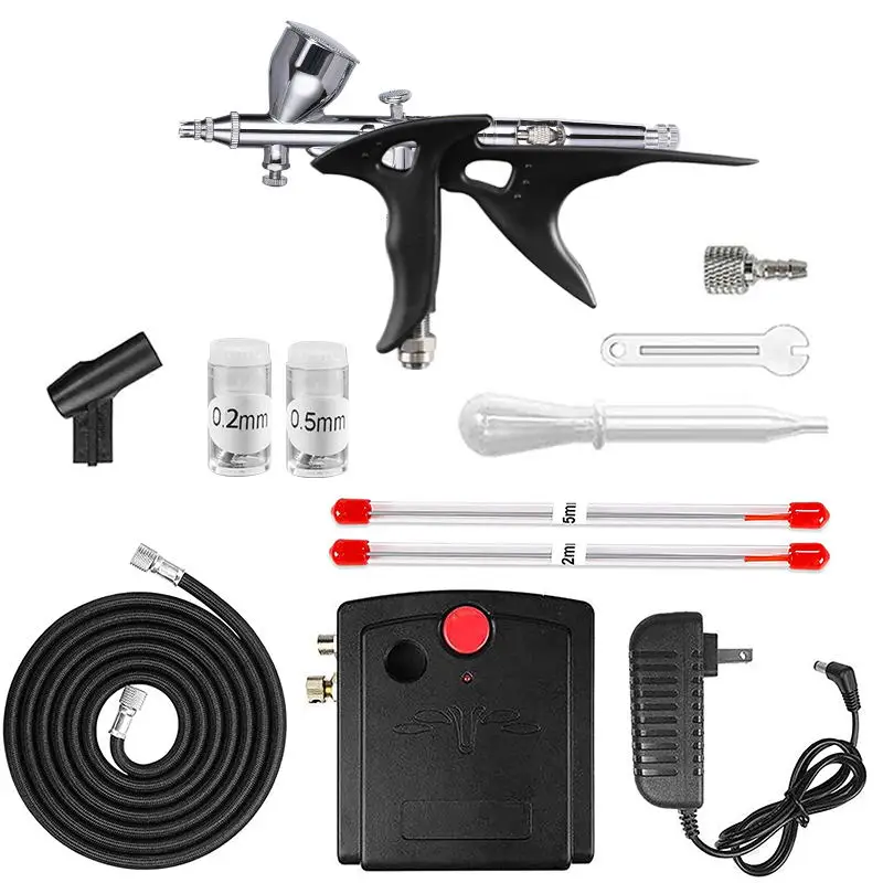 Airbrush with No Auto-Stop Compressor Kit With Black Holder 0.2/0.5mm Needle Nozzle Accessories for Model Painting Airbrush