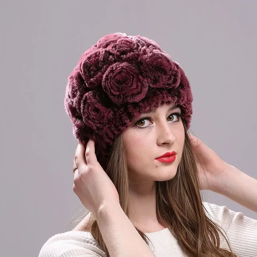 Real Rex Rabbit Fur Cap Elastic Knitted Hat for Women Floral Design Winter Woman Brand Caps Winter Accessories Fur Hat Wholesale 3