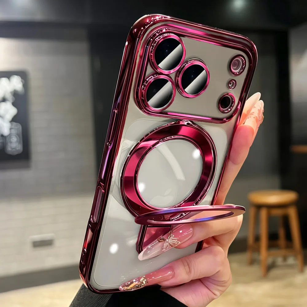 Transparent Fold Holder Phone Case with Magsafe Magnetic Cover and Glass Lens Film