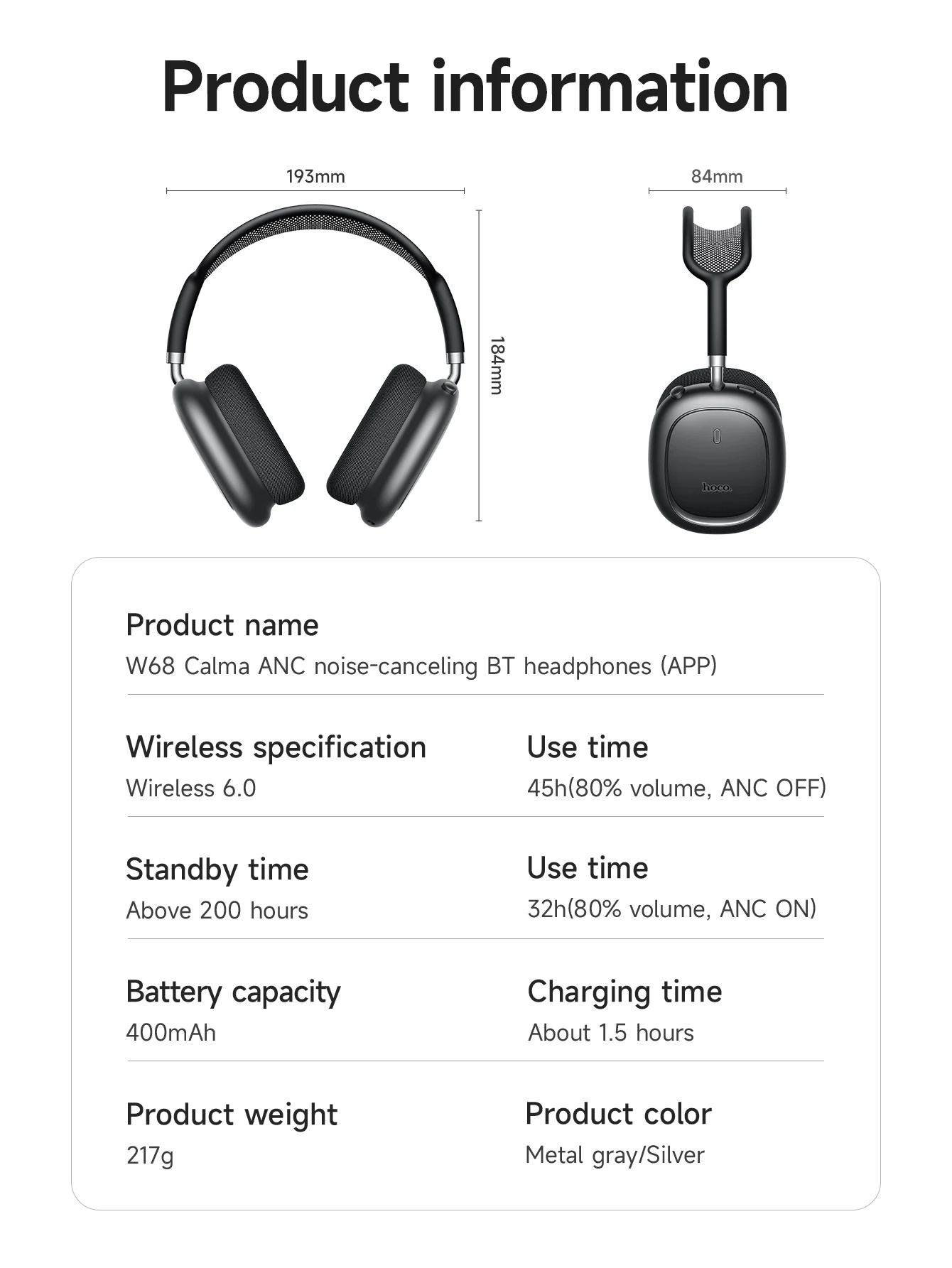 HOCO W68 Noise Canceling Bluetooth Headphone description image 9