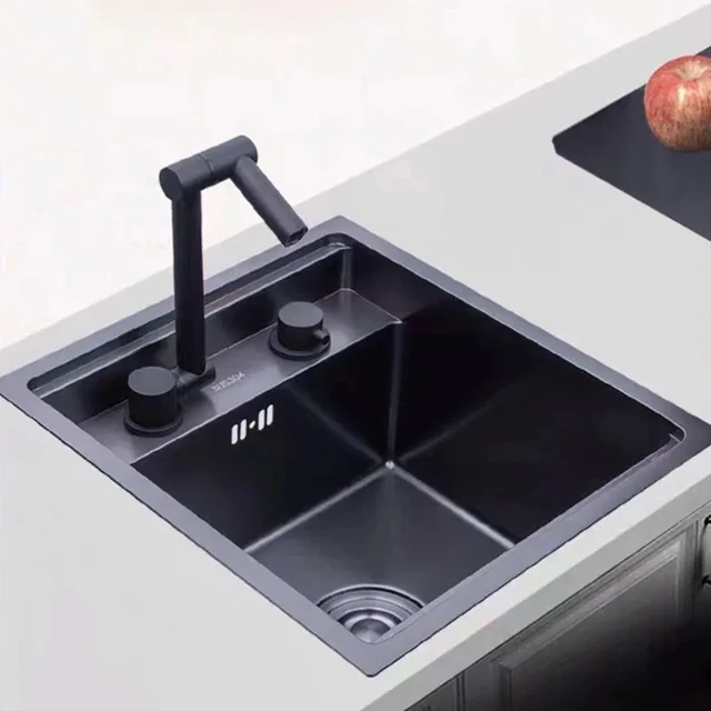 สีดํา 304 ก๊อกน้ําอ่างล้างจานสแตนเลสปกปิดพับร้อนและเย็นผสมน้ําอ่างล้างจานแตะคู่หลุมเดียวจับแตะ 1