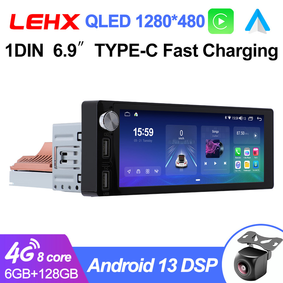 LEHX Universa 1 Din 6.9 Inch QLED Screen Car Android Radio Multimedia Wireless Carplay auto Autoradio Stereo GPS 1din dvd 4G