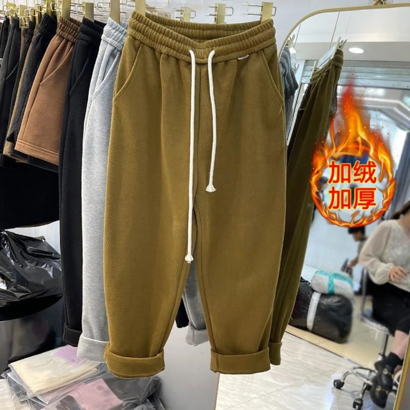 Fleece Lined Wide Leg Pants Women Autumn Winter Warm Casual Ankle-Length Pants All-Match Plus Velvet Oversized Sweatpants Loose