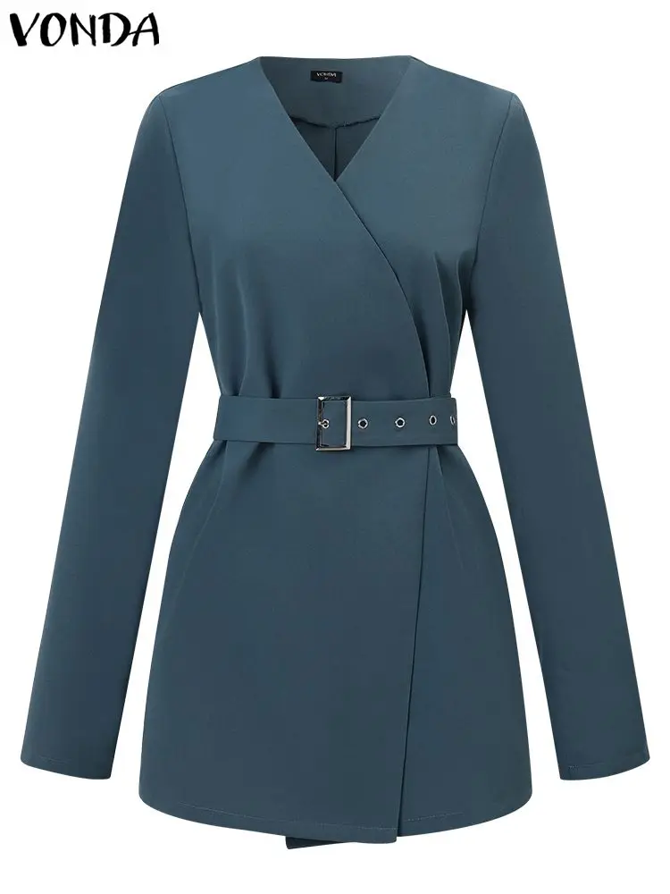 VONDA Elegant Long Sleeve Blazer Women Autumn V-neck Casual OL Blazer 2023 Fashion Belted Solid Color Streetwear Coats Femininas