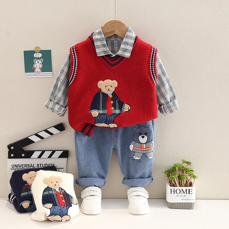 

Autumn fashion Baby clothes 1-4Years Korean boy Cartoon sweater vest+plaid shirt+jeans 3pcs infant outfits Toddler kids costome
