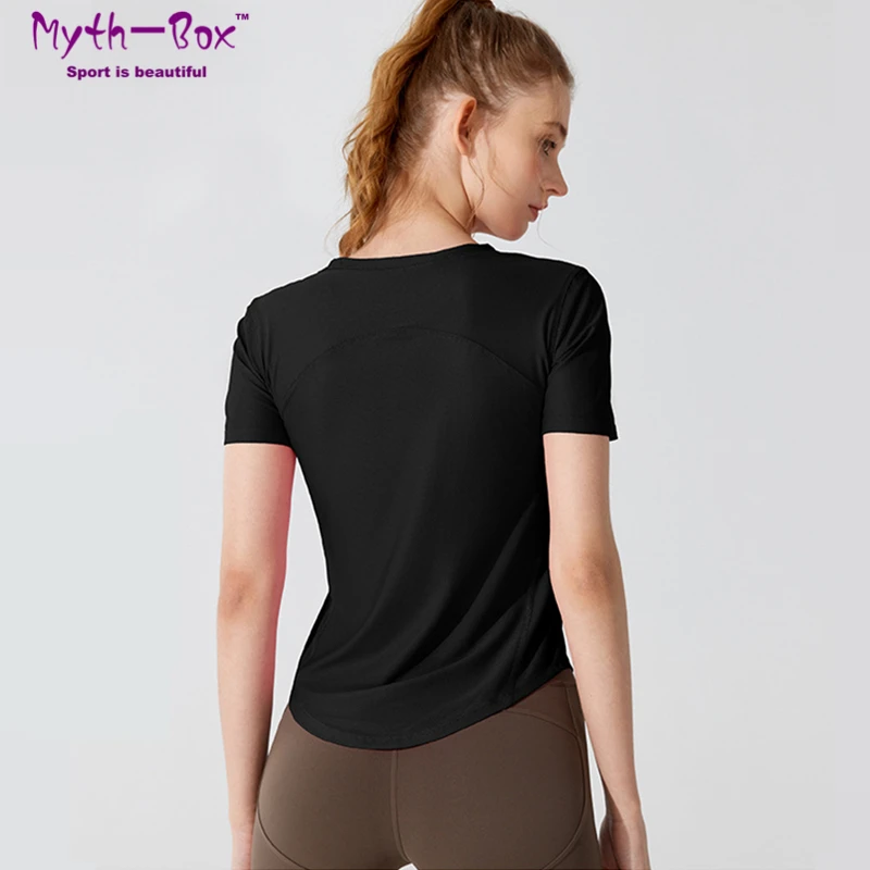 

Женские рубашки для йоги, дышащая Спортивная футболка с коротким рукавом, свободная тонкая рубашка с изогнутым подолом для бега, топы для девушек с круглым вырезом для спортзала и фитнеса, блузка