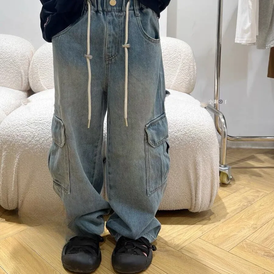 

Children Fashion Jeans Korean Edition Children Denim Workwear Pants 2024 Spring New Children Denim Wide Leg Pants Trend