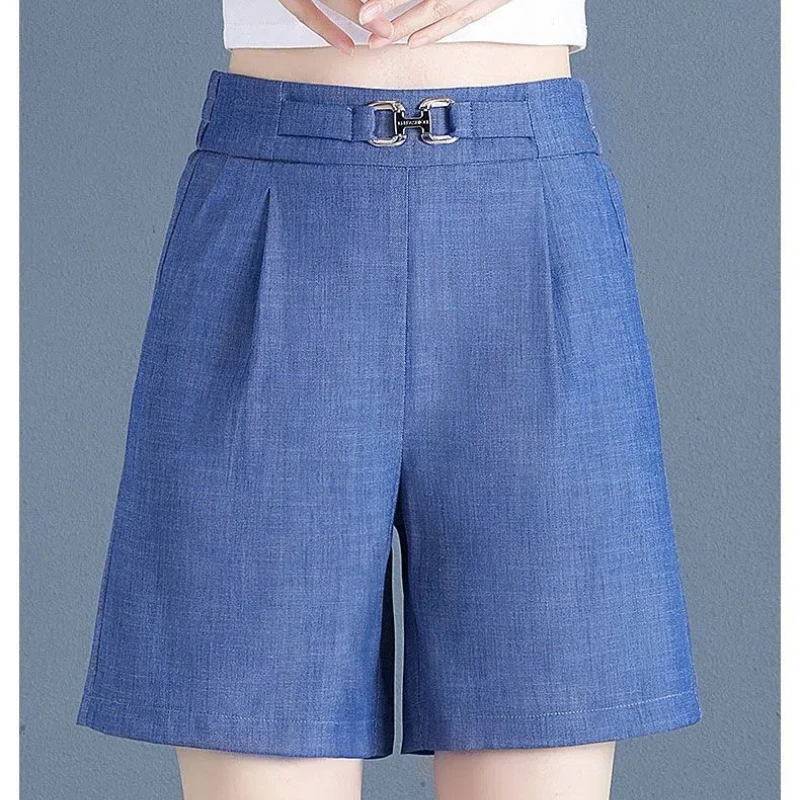 Women's Summer 2024 New Patchwork High-waisted Pocket Folds Loose Fashion Solid Color Casual Versatile A-line Wide Leg Shorts