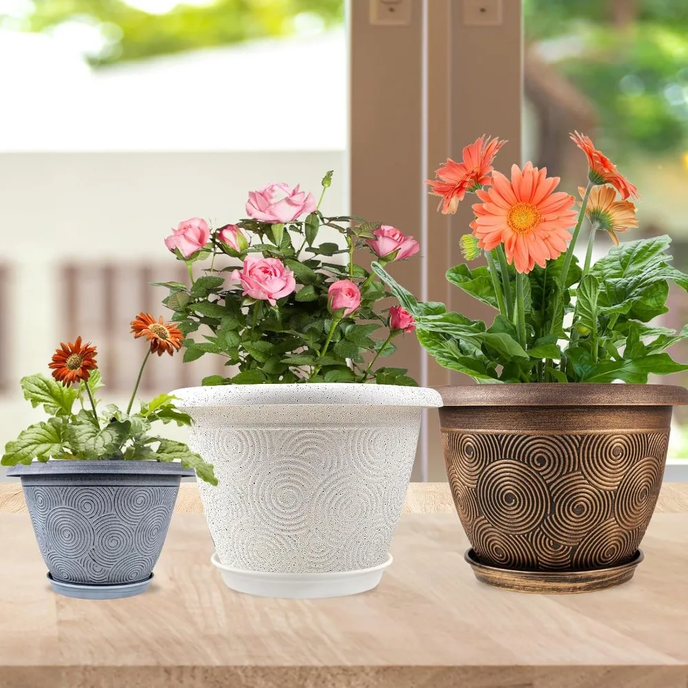 

12 Inch Large Planter Pot for Plants Indoor Outdoor, 4 Pack Plastic Flower Pots with Drainage Hole & Tray