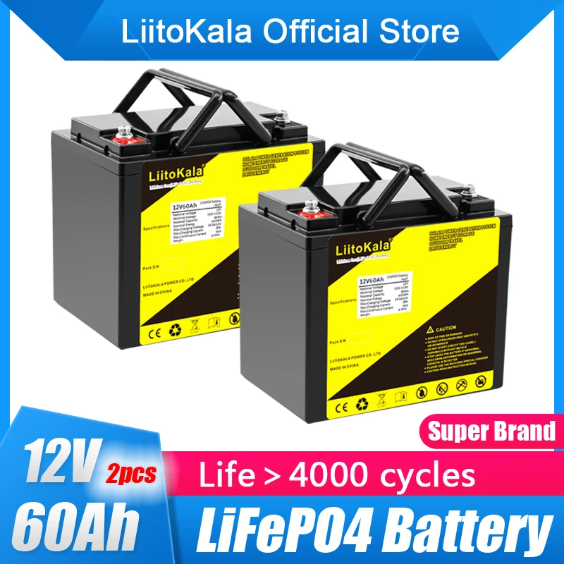 

2pcs/lot LiitoKala 12v 12.8v 50AH 60AH lifepo4 battery with 50A BMS RV Xenon light Solar energy storage Inverter