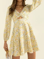 V Neck Cut Out Mini Dress Floral Sexy Long Sleeve Twist Folds Skims Casual Elegant Party Chic  Fashion Dress