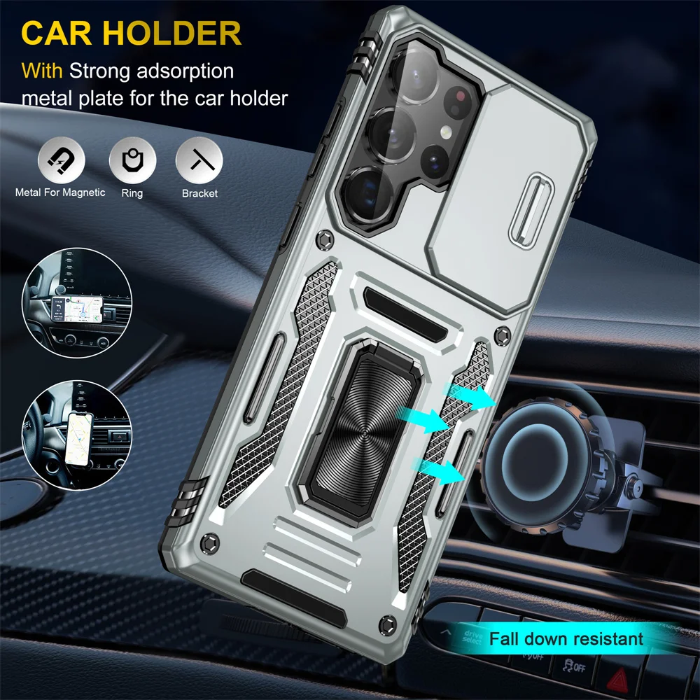 Magnetic Ring Holder Phone Case with Slide Camera Kickstand and Armor Cover