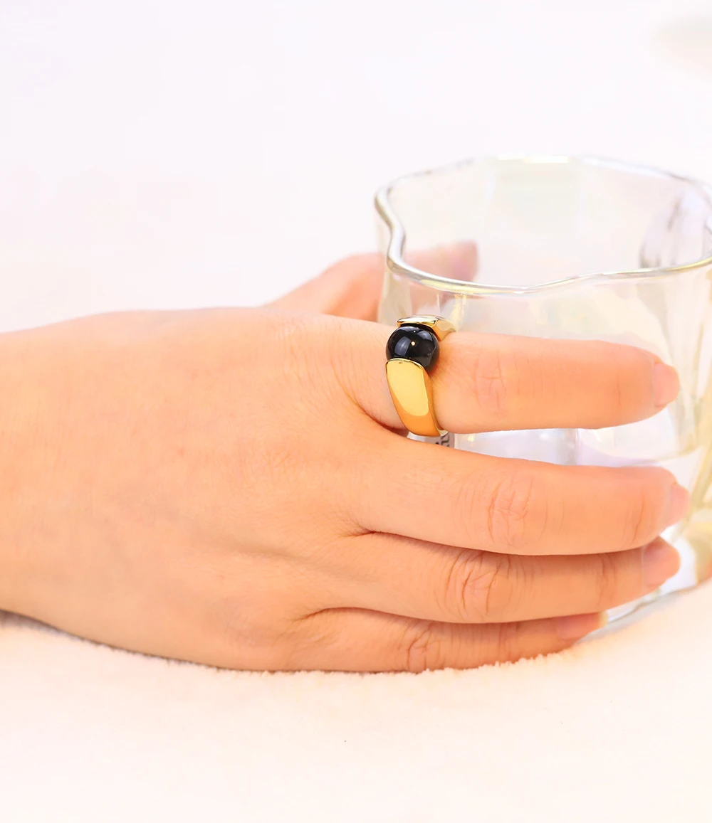 Fashion Colorful Opal Ring Women Quality Stainless Steel Ring Round Black White Cat's Eye Stone Wedding