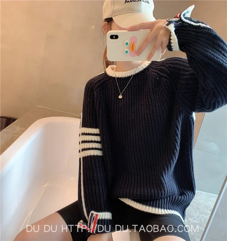 

2022 Fall/winter Tb Style Four Bars Hit Color Stripes Fancy Thick Striped Pullover Sweater Casual Loose Sweater Women