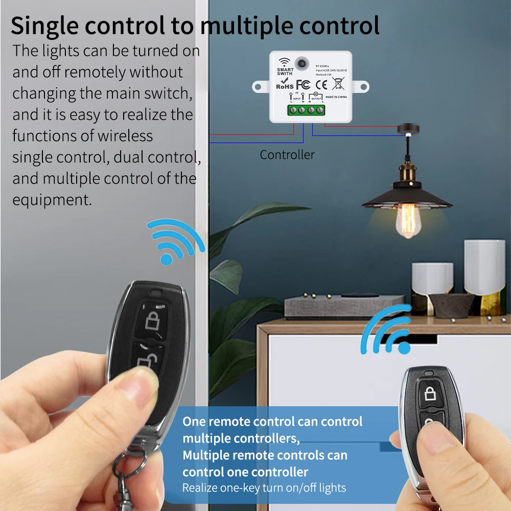 Wireless Light Switch 433MHz RF Remote Control Set Home 110V 220V 10A Mini Controller House Wall