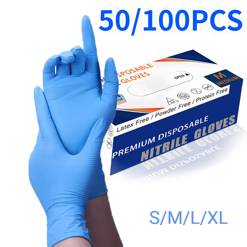 Nitrile Gloves 50/100PCS Blue Nitrile Gloves Disposable Waterproof Kitchen Dishwashing Pet Bathing Beauty Hair Styling Tools