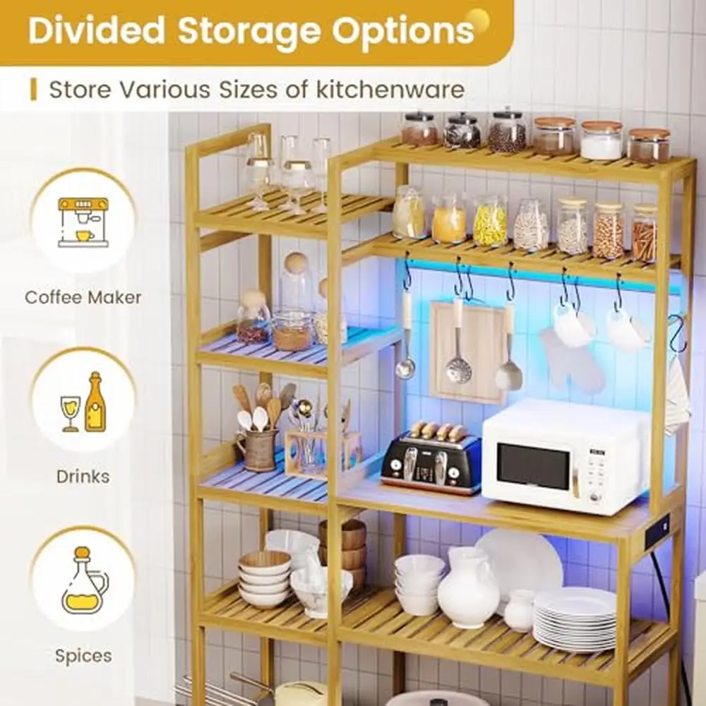 10-Tier Bamboo Bakers Rack with Power Outlets & LED Lights Kitchen Shelves Microwave Stand Freestanding Utility Rack Organizer