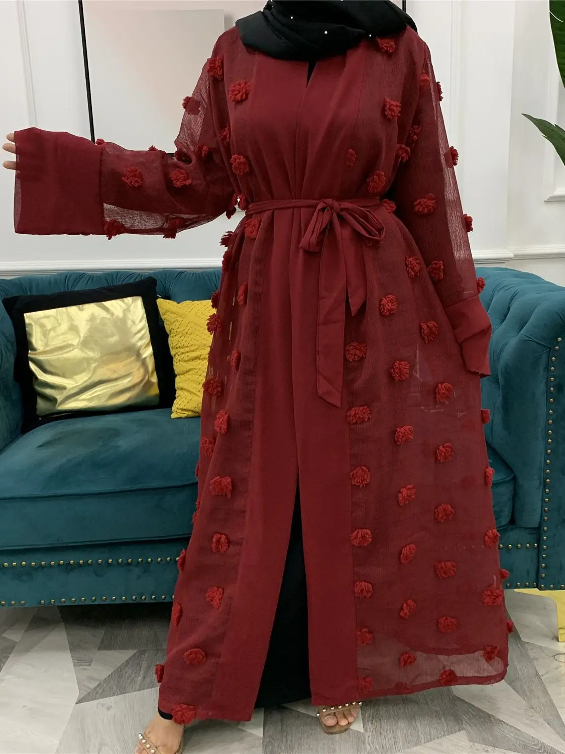 3D Floral flowers Robes Musulmane Turkish Appliques Muslim Abaya Dress Robes Arab Worship Service abayas With Belt Wj2311