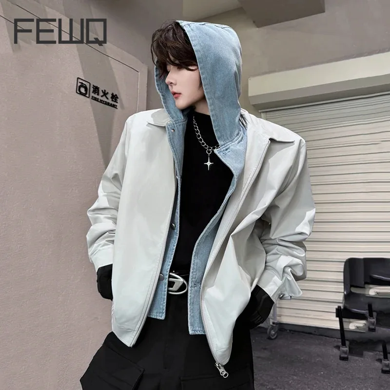 

FEWQ Spring Solid Color Fake Two Piece Polo Collar Denim Hooded Men's Jacket Coat 2024 Patchwork Zipper New Fashion 9C5063