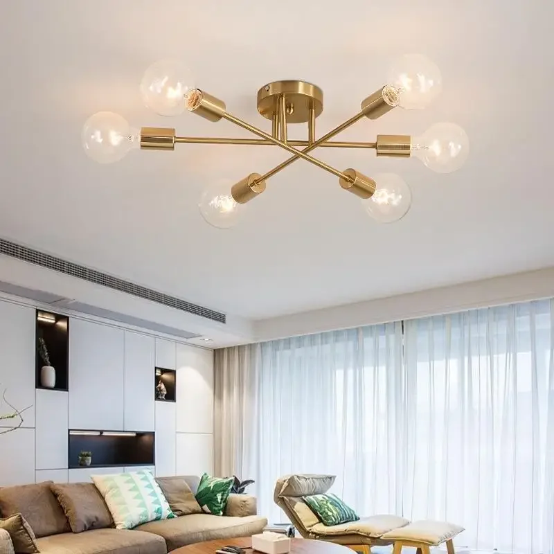 Modern Ceiling Lights Fixture Nordic Semi Flush Mount Lamps Brushed Antique Gold Lighting 6-Light Home Decor for Living Room Bed