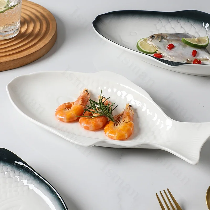 Creative Fish Shaped Ceramic Plate Simple Restaurant Tableware Steamed Fish Dish Grilled and Seafood Dishes Dinner Plates