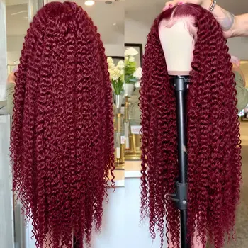 250% 13x4 HD Transparent Deep Wave Frontal Wig Colored 99j Burgundy Deep Curly Lace Front Human Hair Wigs For Women Preplucked 1
