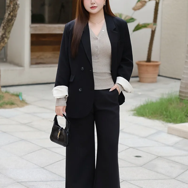 Plus Size Women's Blazer Premium Casual Black Texture Block Color Cuffs OL Micro Loose Double Breasted Tailored Suit Jacket