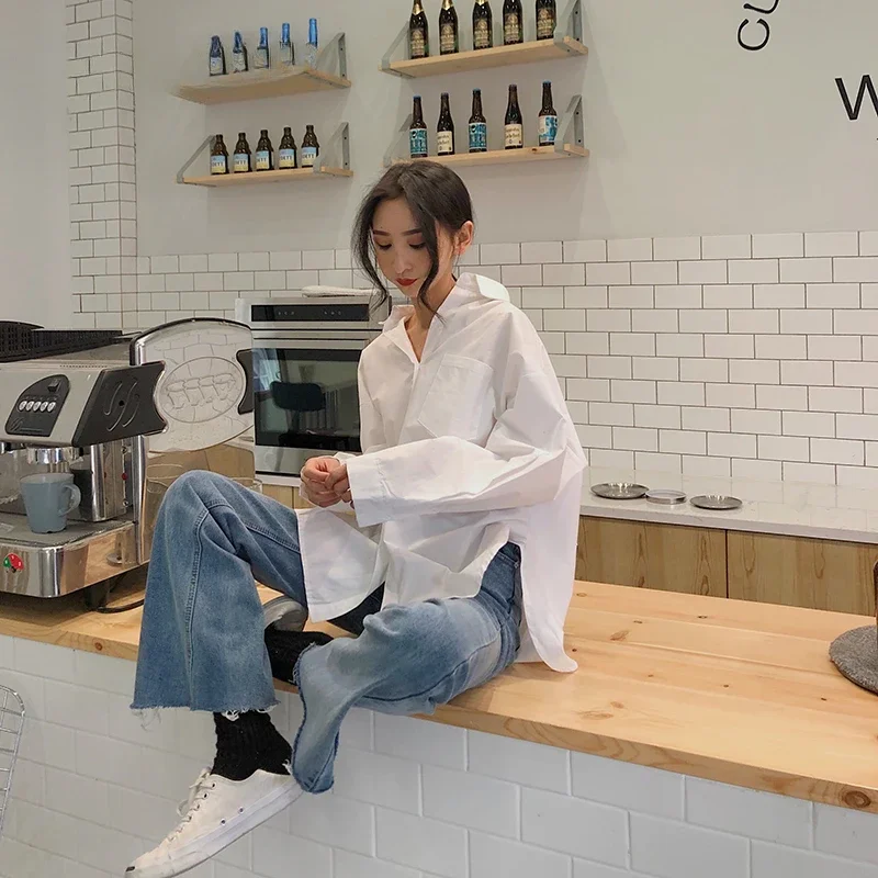 Spring Autumn Women Shirts White Plain Loose Oversized Blouses Female Tops Loose BF Korean Style Blusas Pockets2024