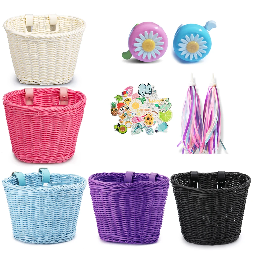 4pcs/Set Kids Bike Baskets Handwoven Cycling Basket Bicycle Front Handlebar Cargo Pannier with Bell Tassel Stickers Set kids bike basket
