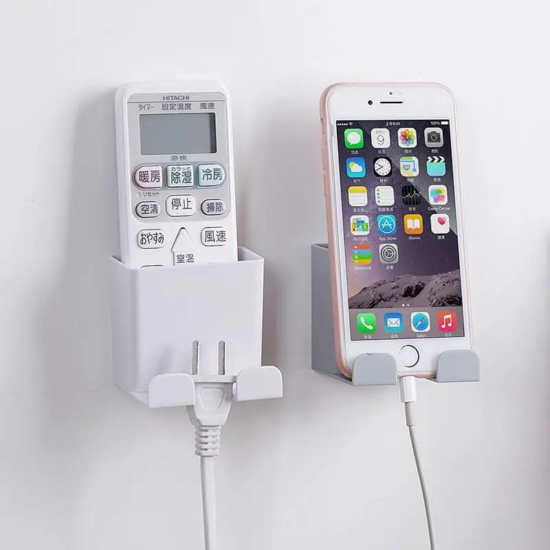 

Wall Mounted Mobile Phone Holder Plug Phone Charging Stand Remote Control Storage Box Bracket Punch-Free Organizer Holder