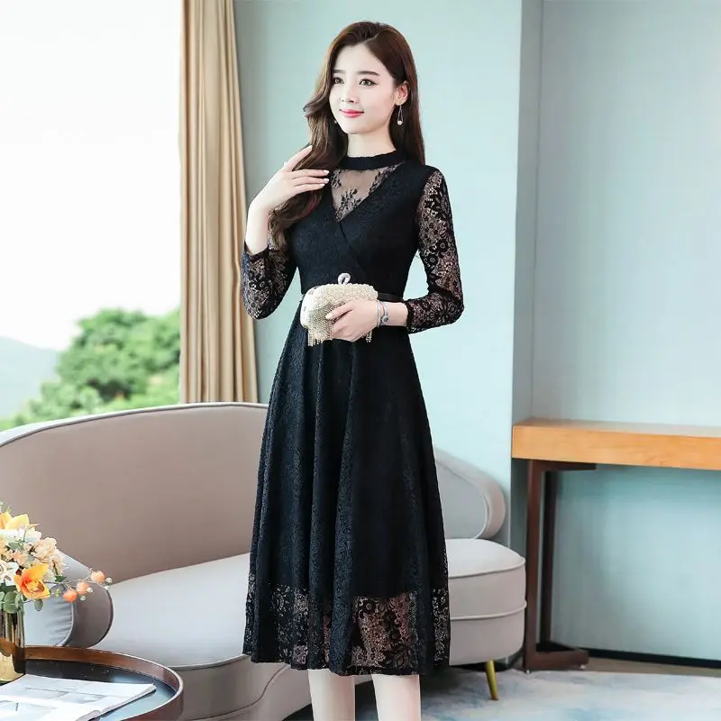 

Lace Dress Women's Spring and Autumn New Celebrity Style Slim Fit Waist Slim Mid length Long Sleeve A-line Dress