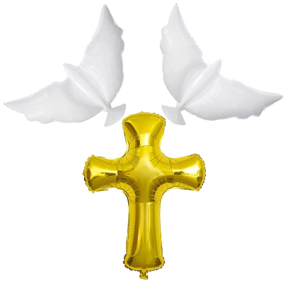 3/1 Stück weiße Tauben, goldenes Kreuz, Folienballons, Taufeballons für Erstkommunion, Gott segne Taufe, Erinnerung, Hochzeit, Geburtstag