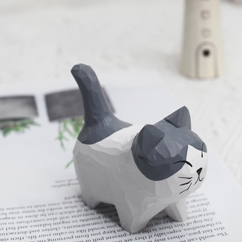 Handmade Wood Carving Kitten Ornaments Small Animal Creative Desktop Wood Cat Decoration Crafts 2