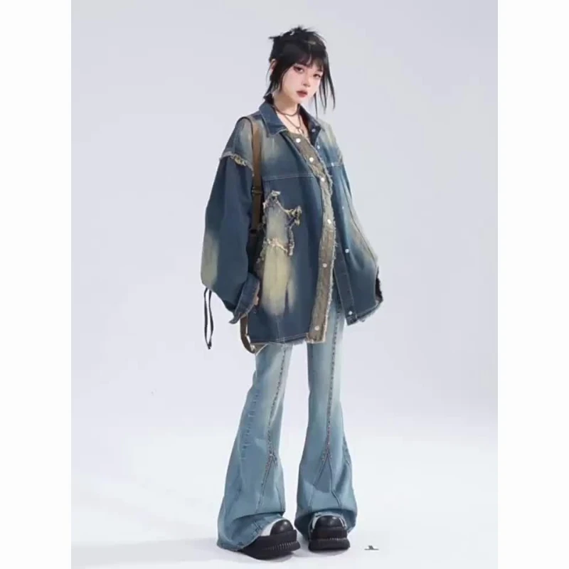 Denim Coat Women Fall American Vintage Design Sense Niche Fashion Versatile Splicing Loose Washed Burlap Tops Denim Jacket Women