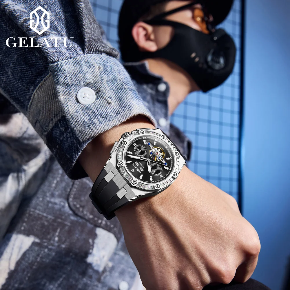 GELATU 6022 Men's Watch Big Dial Hollow Skeleton Mechanical Watch For Men Date Fashion Automatic Wristwatch 50M Deep Waterproof