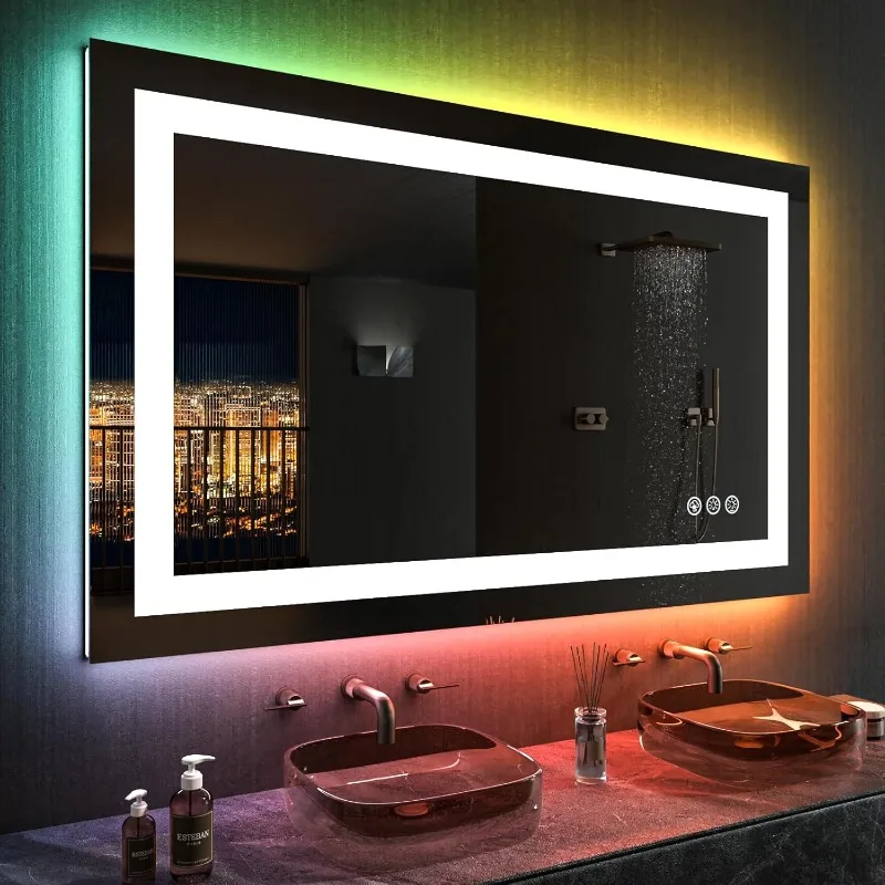 48"X28" LED Bathroom Mirror with Lights Anti-Fog Dimmable RGB Backlit + Front Lighted Bathroom Vanity Mirror for Wall