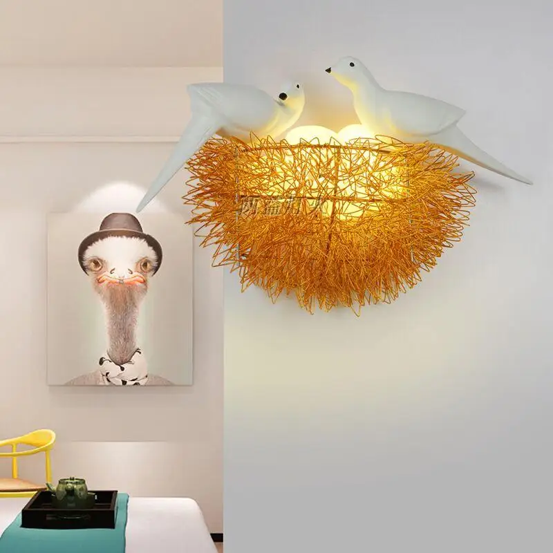 

Gold Bird Nest LED Wall Lamp Children Bedroom Study Room Restaurant Decoration Novelty Wall Light With 3D Birds Art Lamp