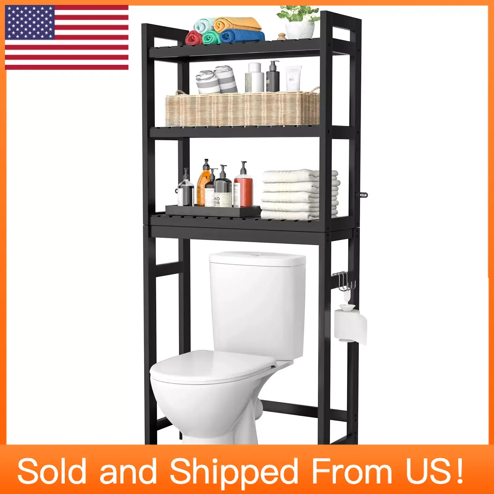 

Над полкой для хранения туалета, Бамбуковая 3-уровневая над полкой для хранения туалета с 3 крючками, отдельно стоящая полка для ванной комнаты, Черная