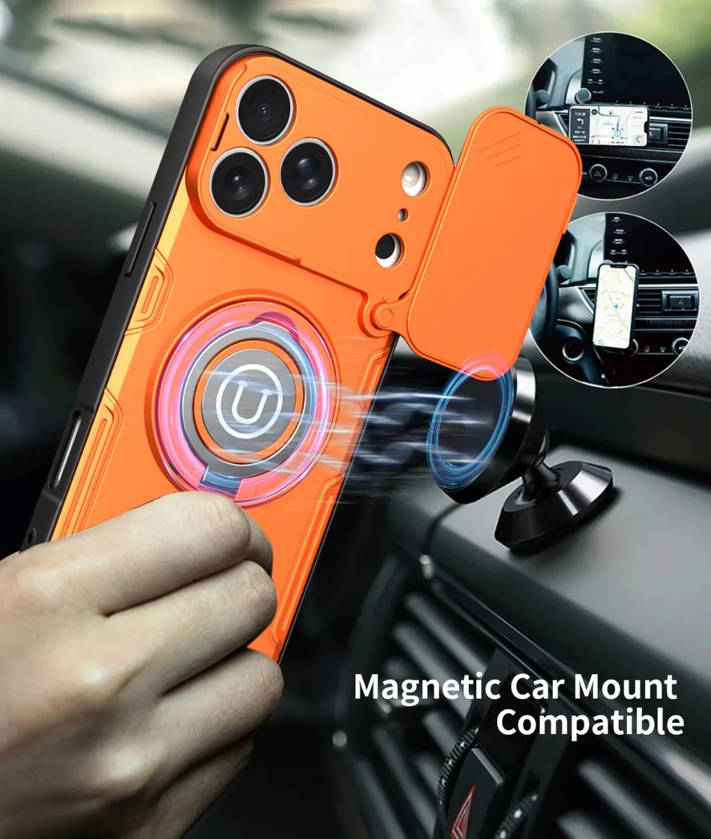 Magnetic 360° Ring Kickstand Shockproof Phone Case with Slide Camera Cover and Car Mount Holder