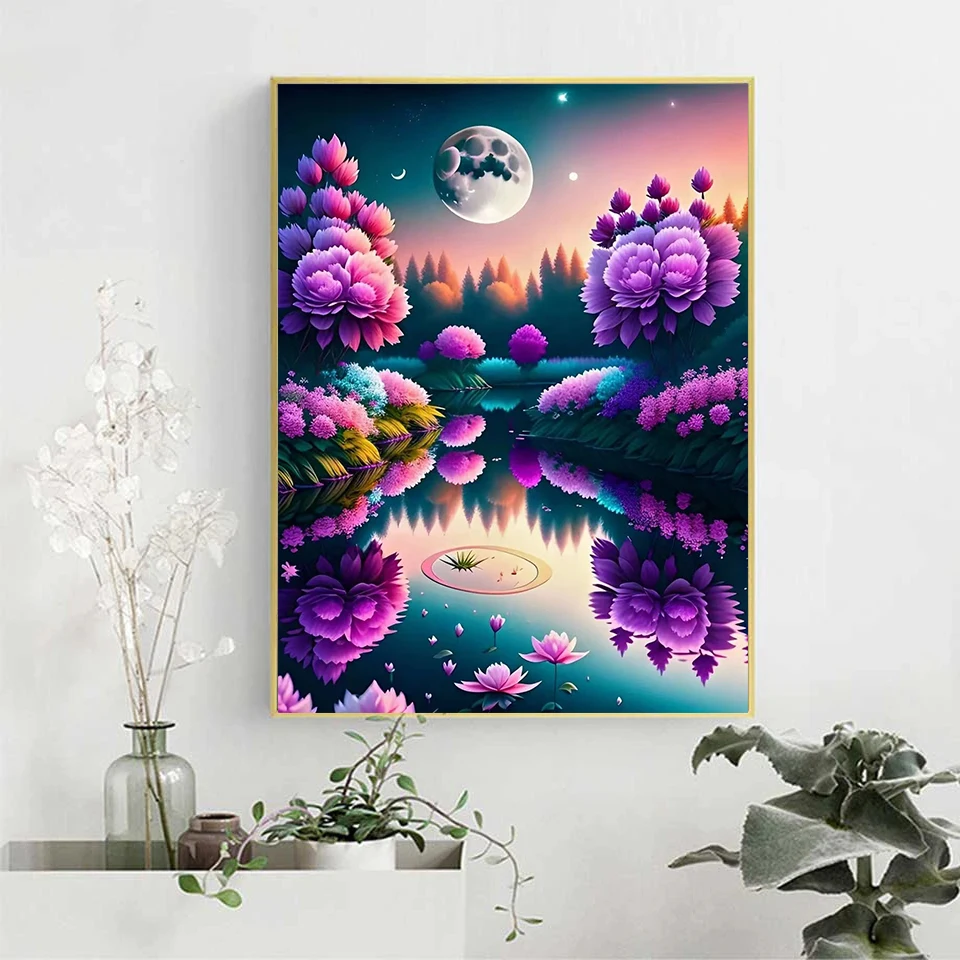 Diy 5D Diamond Painting Fantasy Peony moon landscape Full Drill Mosaic Cross Stitch Art Flower Lake Embroidery Home Decor A498 images - 6
