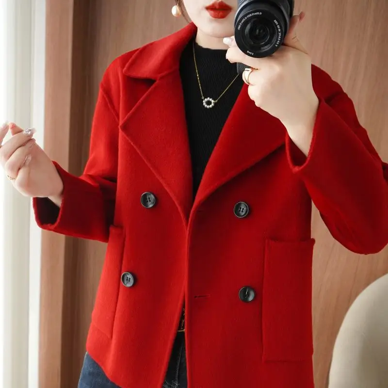Women's Double-Sided Cashmere Coat, Loose Short Coat, Monochromatic Outerwear, Female Fashion, Temperament, Autumn, Winter,2024
