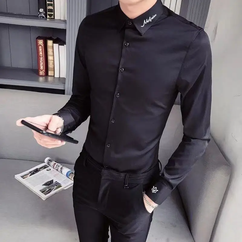 Fashion Lapel Button Spliced Loose Embroidery Korean Shirts Men Clothing 2023 Spring New Casual Tops Long Sleeve All-match Shirt