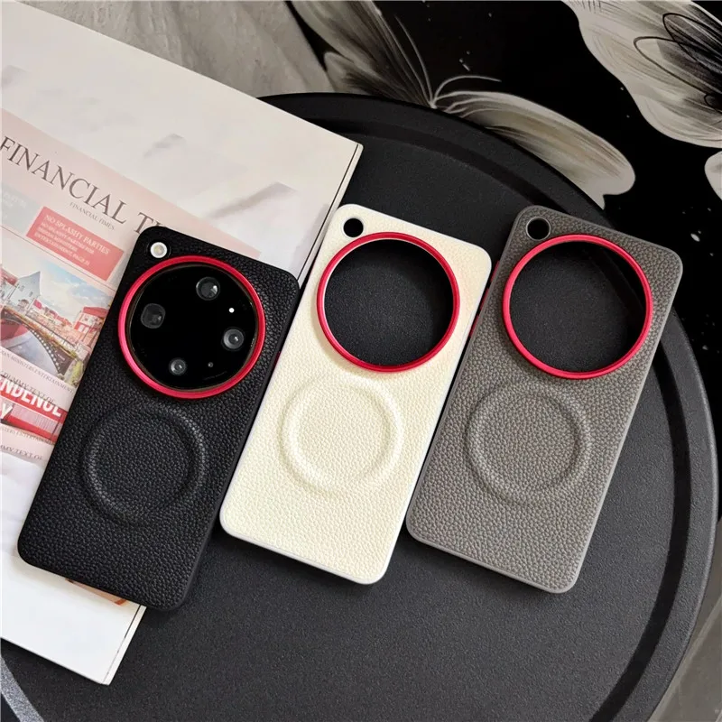 Luxury Magnetic Lychee Pattern PU Leather Non-Slip Phone Case with Metal Camera Frame