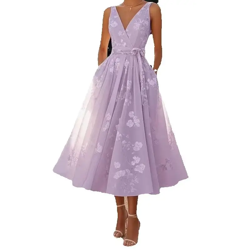 Sexy Deep V Neck Slash Pleated Mini Sundress Summer Women Sleeveless Floral Print Pleated Midi Calf Party Vestidos OUFY-6227