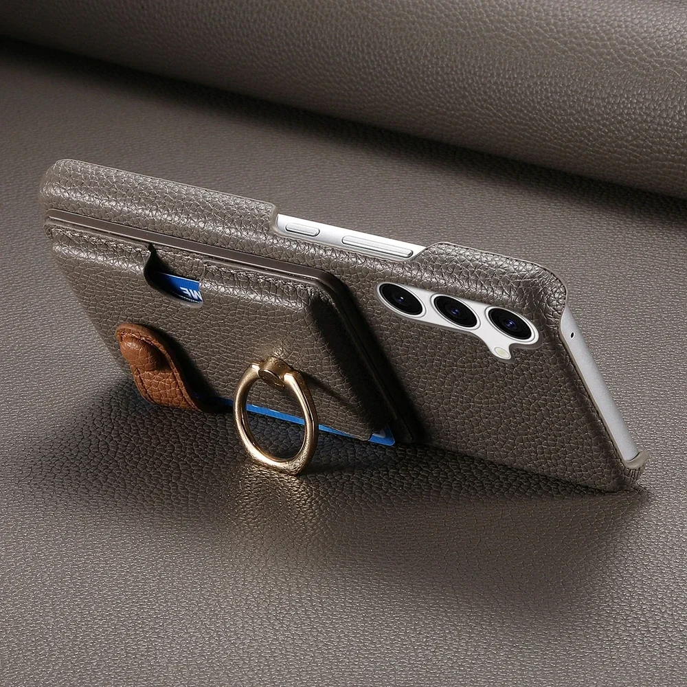 Leather Wallet Case with Ring Bracket and Card Slots - Magnetic Closure