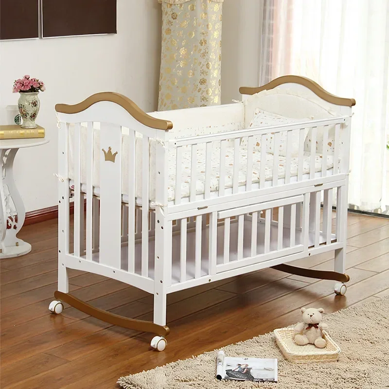 

Crib Solid Wood European Baby Rocker with Roller Multi-functional Pine Plus Game Bb White Bed Wholesale